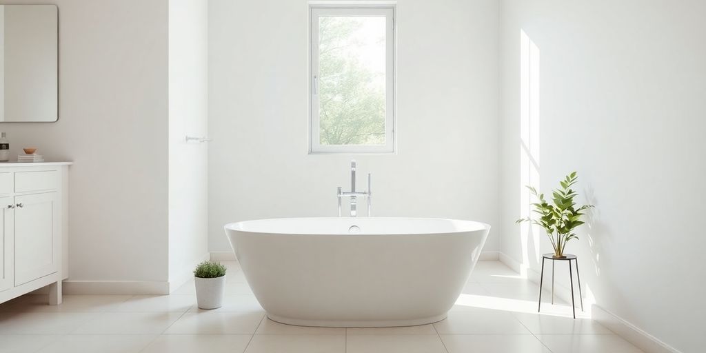 Compact oval freestanding bathtub in a bright bathroom.