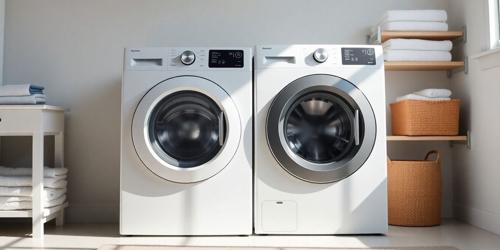 Moderne Waschmaschine in einem hellen Wäschebereich.