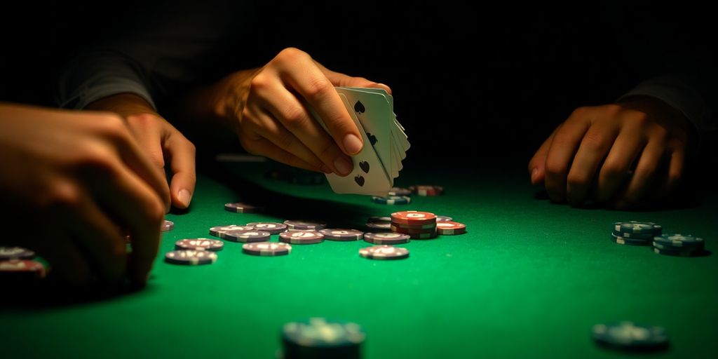 Homme jouant au poker, cartes et jetons sur la table.