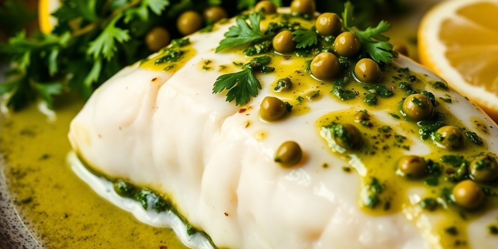 Luccio con salsa verde su piatto.
