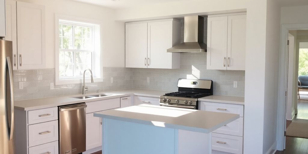 Remodeled kitchen interior with new cabinets