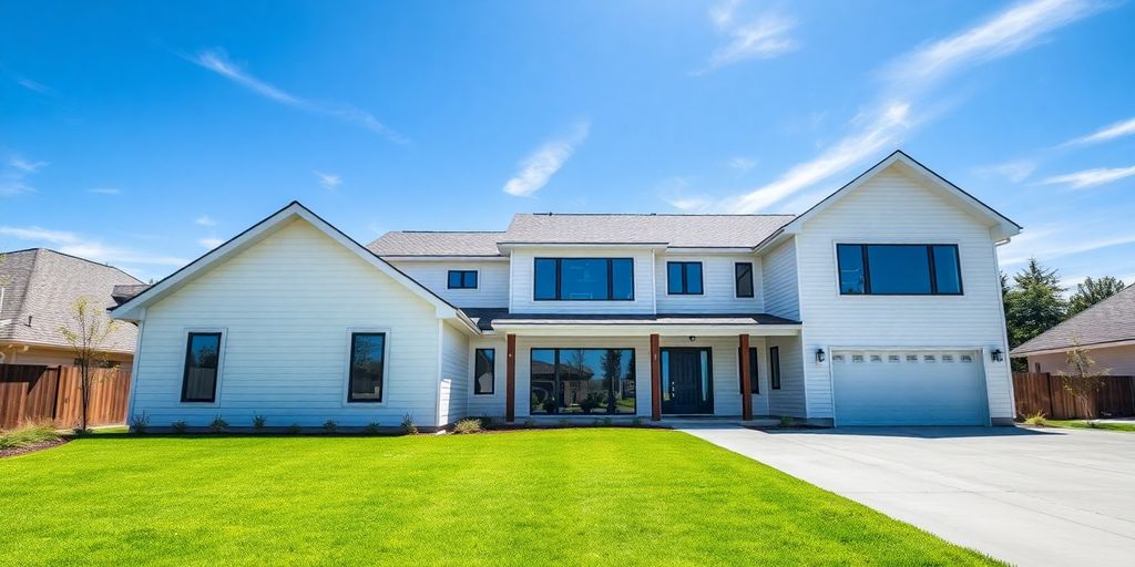 Modern house exterior, green lawn, clear sky