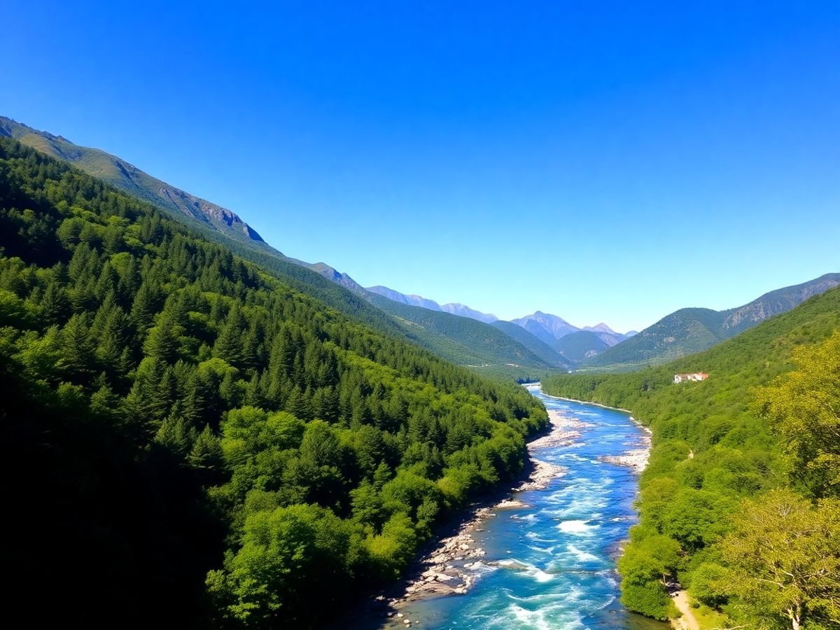 Peisaj montan cu pădure și râu curgând.