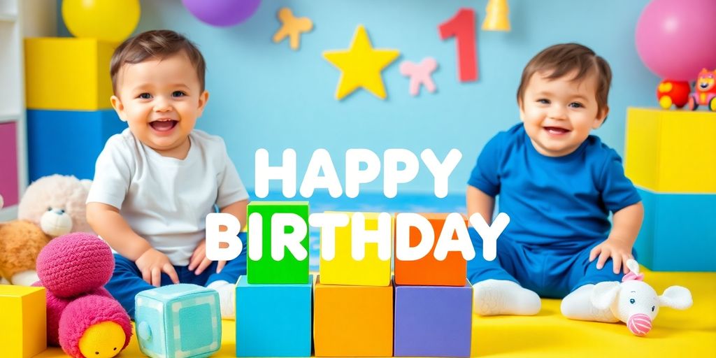 Spielende Kleinkinder mit buntem Spielzeug zum ersten Geburtstag.