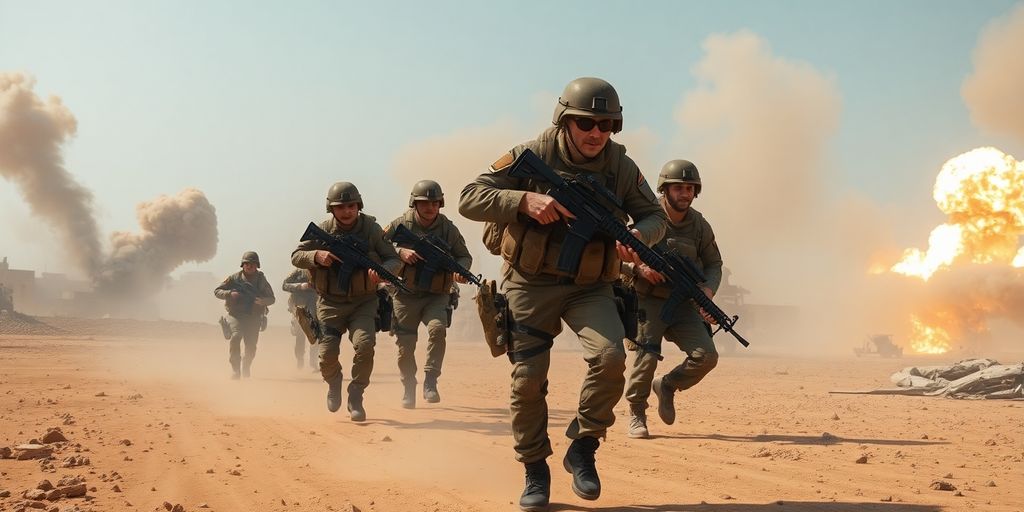 Soldiers advancing through a war-torn battlefield.