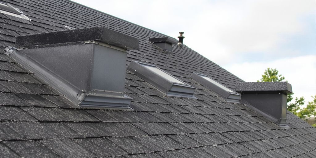 Roof vents on a suburban house under a humid sky.
