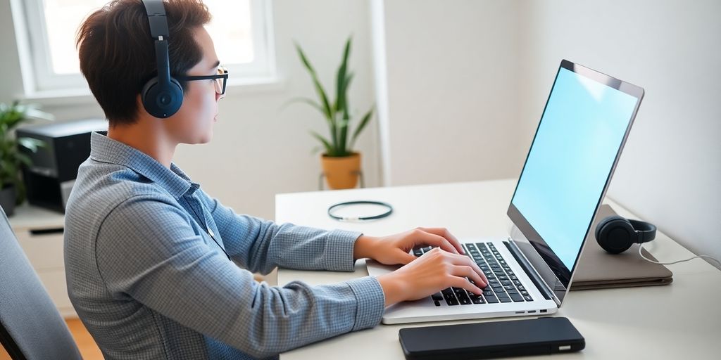 Virtual assistant working on laptop, illustrative image.