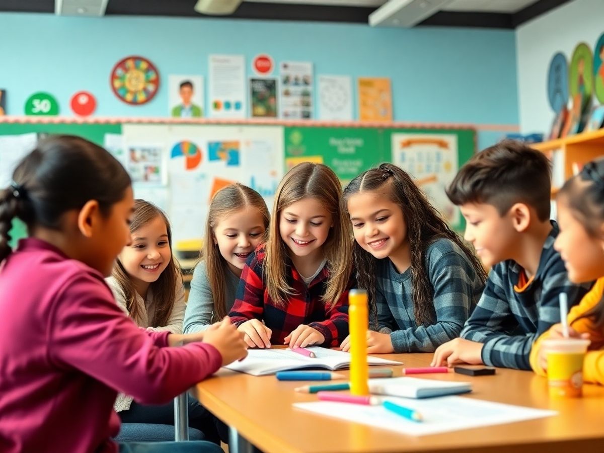 Elevă și elevi colaborând într-o clasă modernă.