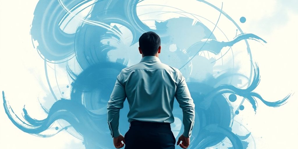 Businessperson confidently navigating a turbulent financial landscape.