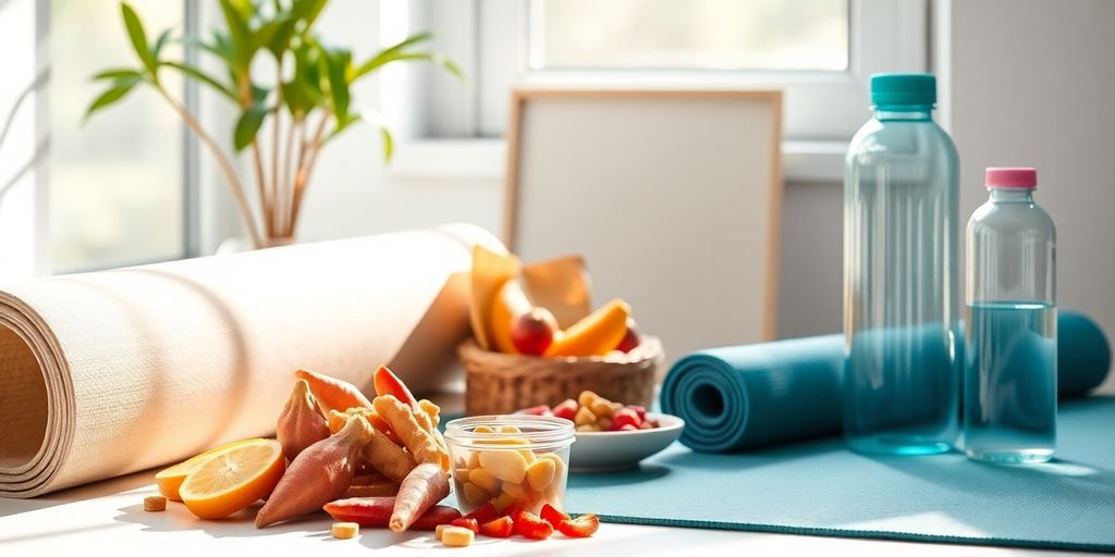 Bright workspace with healthy snacks and yoga mat.