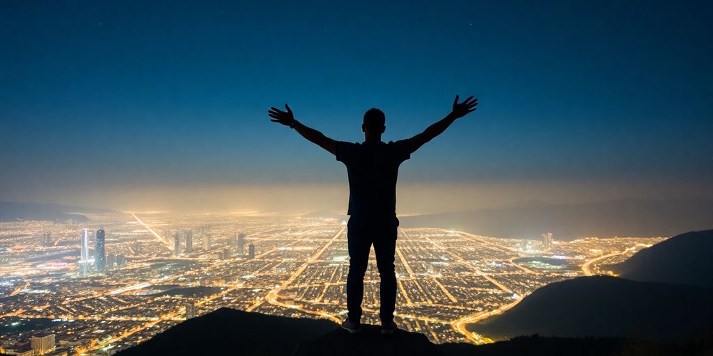 Man standing on a mountain, overlooking a city.