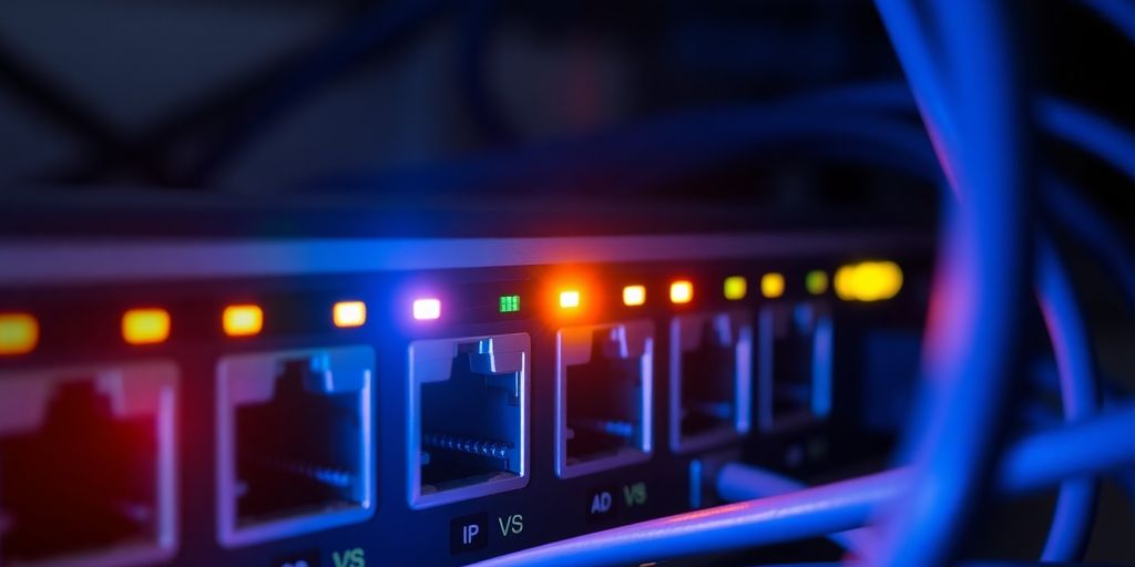 Router with lights indicating network activity.
