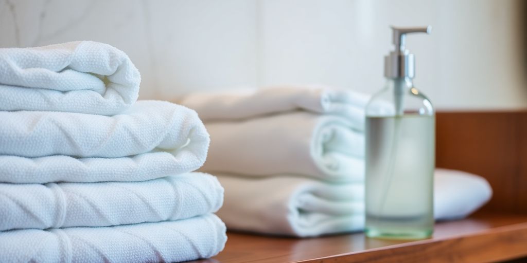 Shampoo and towels on a bathroom shelf.