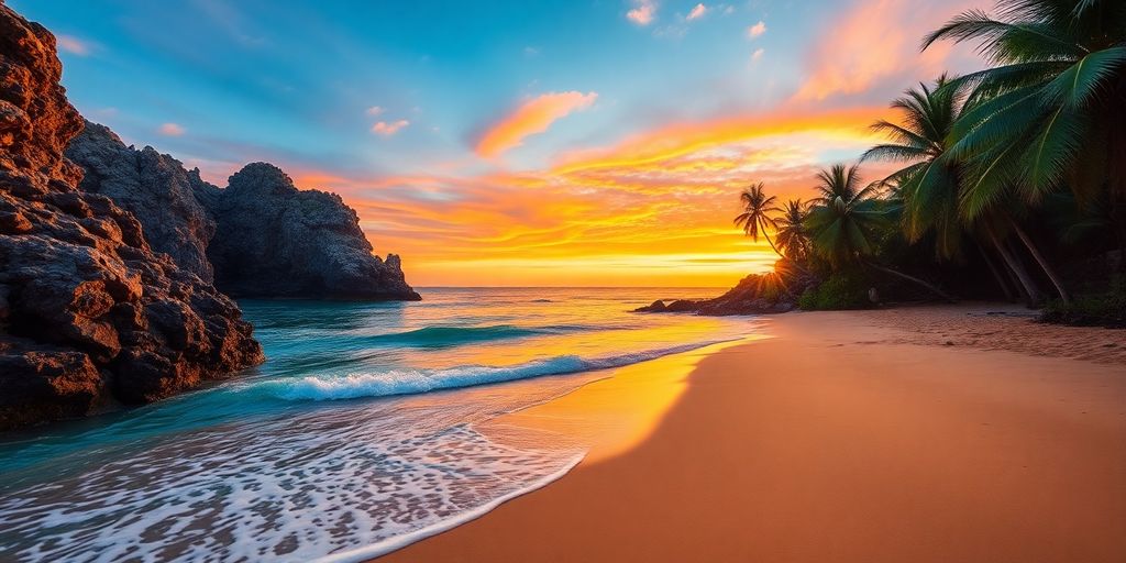 Secluded beach in rocky cove at sunset.