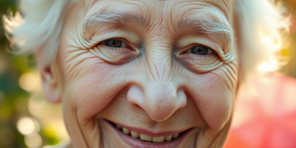 Lachende oudere persoon met stralende ogen