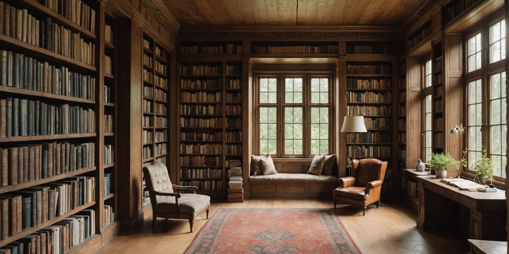 Library with ancient philosophical books and cozy reading nook.