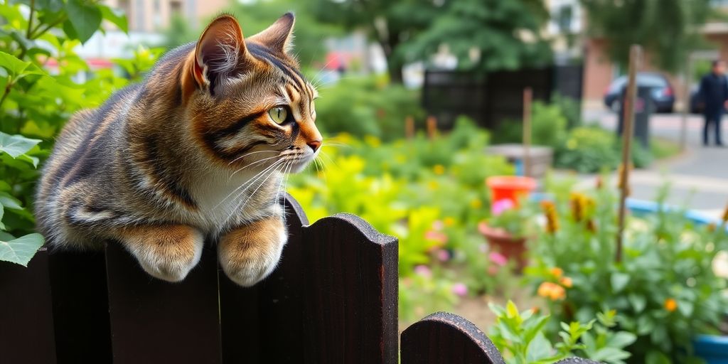 Cat observing a garden in an urban environment.
