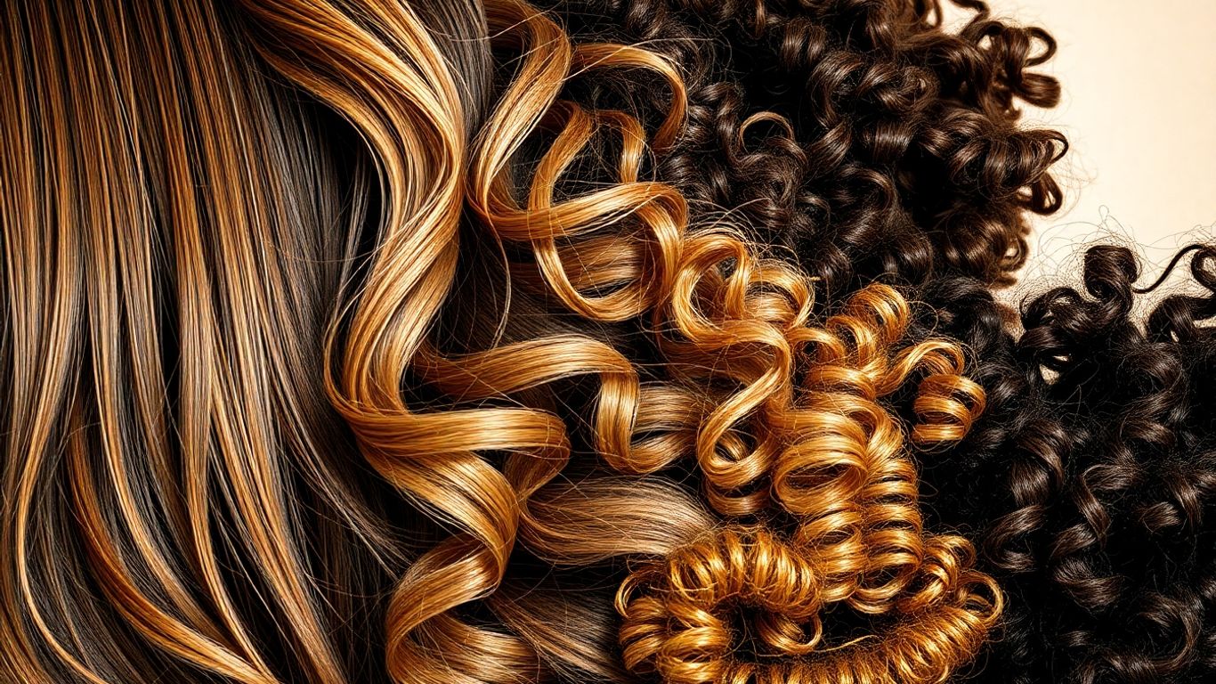 Diverse hair types displayed with seasonal color background.
