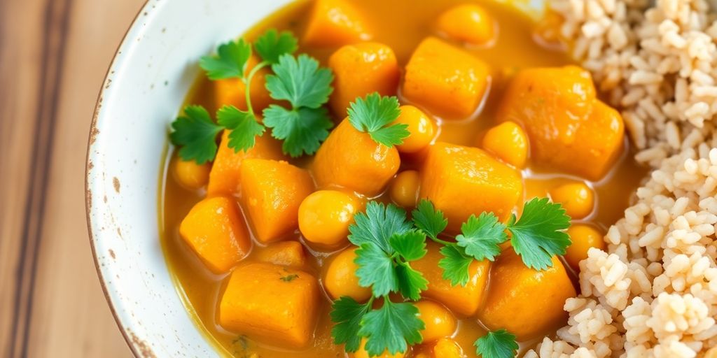 Bowl of sweet potato and chickpea curry with rice.