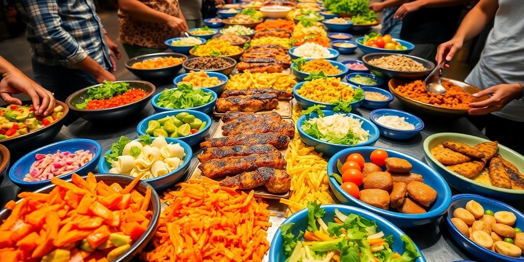 อาหารหลากหลายน่ารับประทานจัดวางบนโต๊ะอย่างสวยงาม