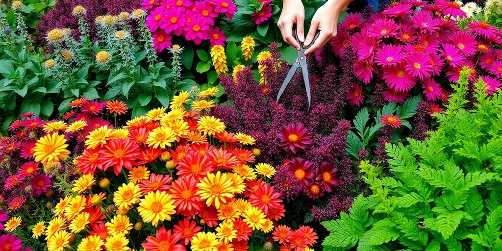 Gartenbesitzer teilt blühende Pflanzen im September.