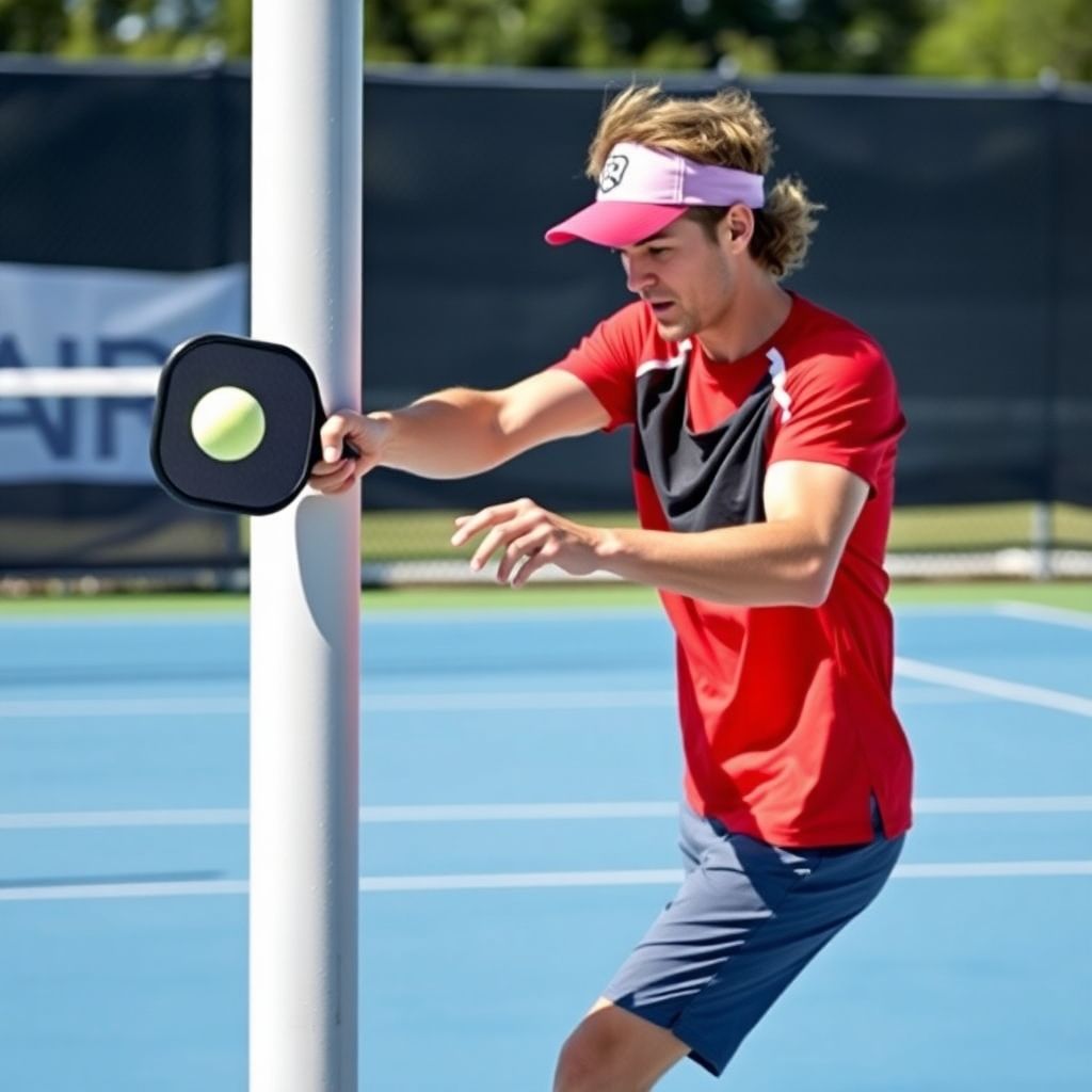 Player hitting an around-the-post shot in pickleball.