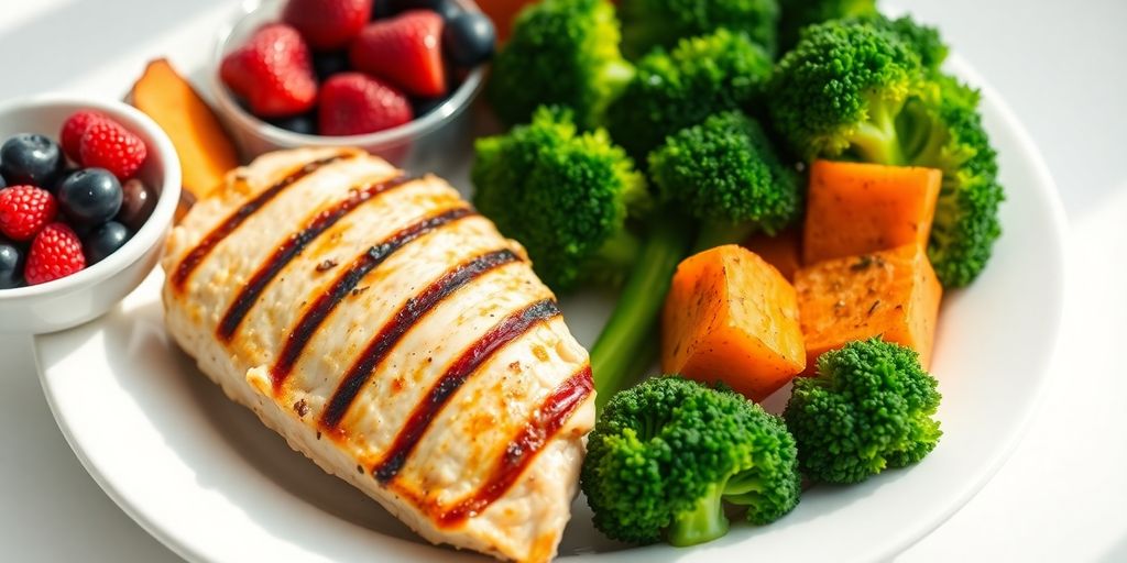 Nutritious meal with chicken, vegetables, and fruit.