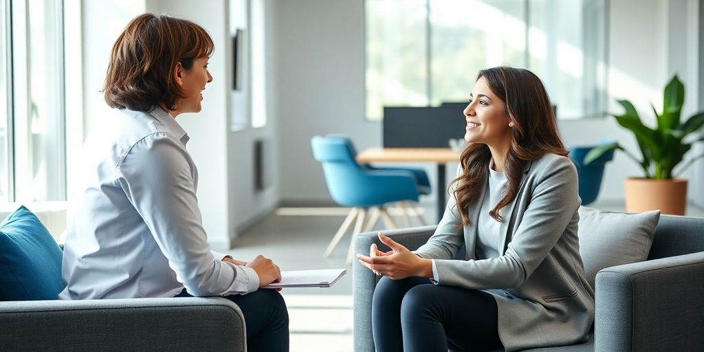 Personalvermittlung aus Bewerbersicht: 5 Vorteile auf einen Blick Bewerbungsgespräch in modernem Büro mit blauen Akzenten.