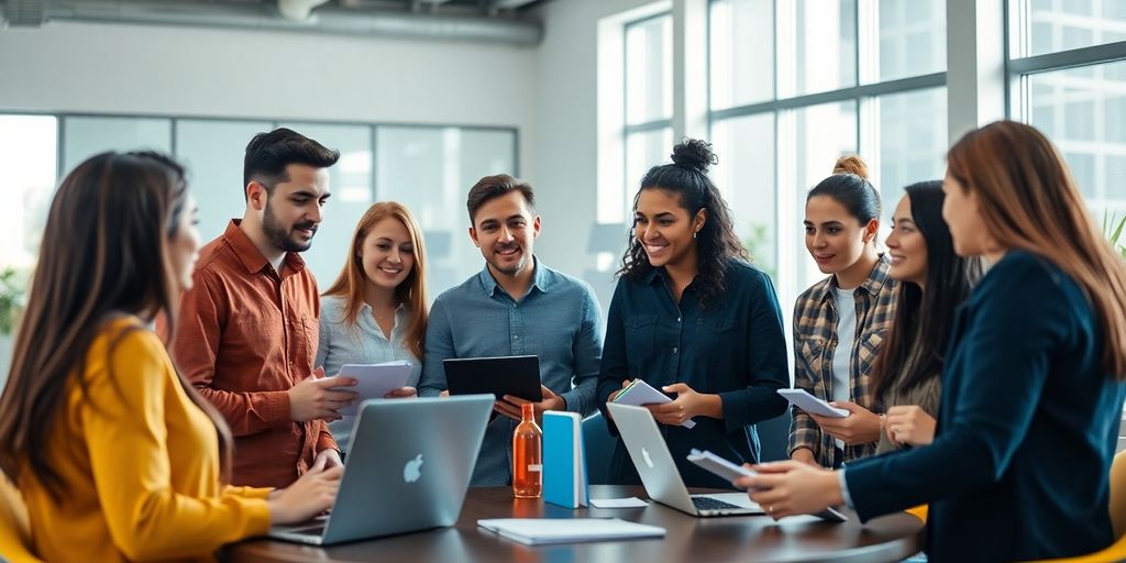 Diverse professionals collaborating in a modern office setting.