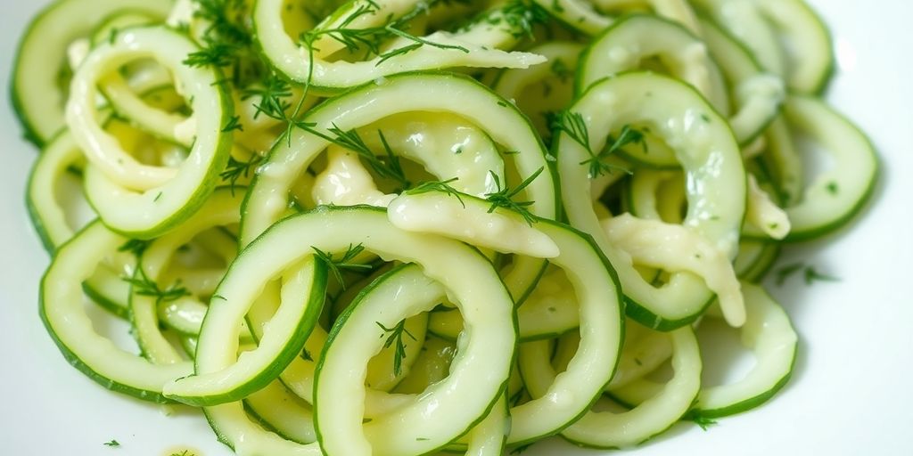 Frischer Mizeria-Salat mit Gurken und Dill auf einem Teller.