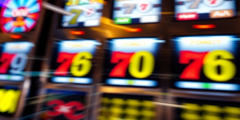 Spinning slot machine reels with glowing numbers.