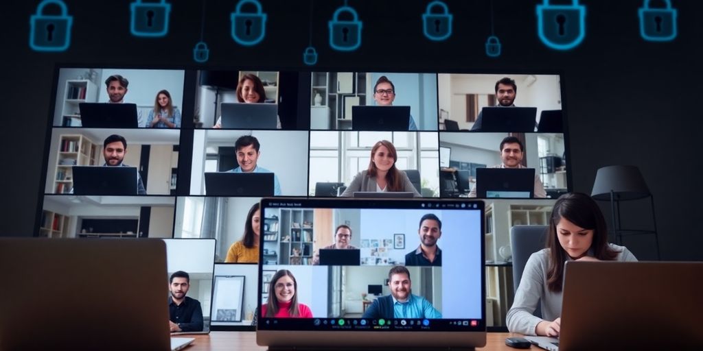 Professionals participating in a secure virtual meeting.