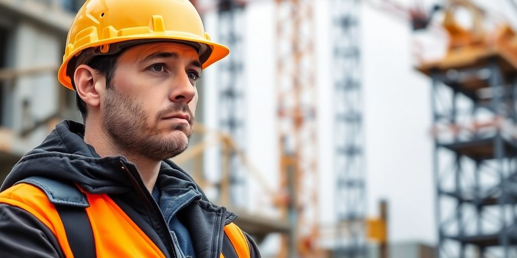 Concerned construction worker at a busy construction site.