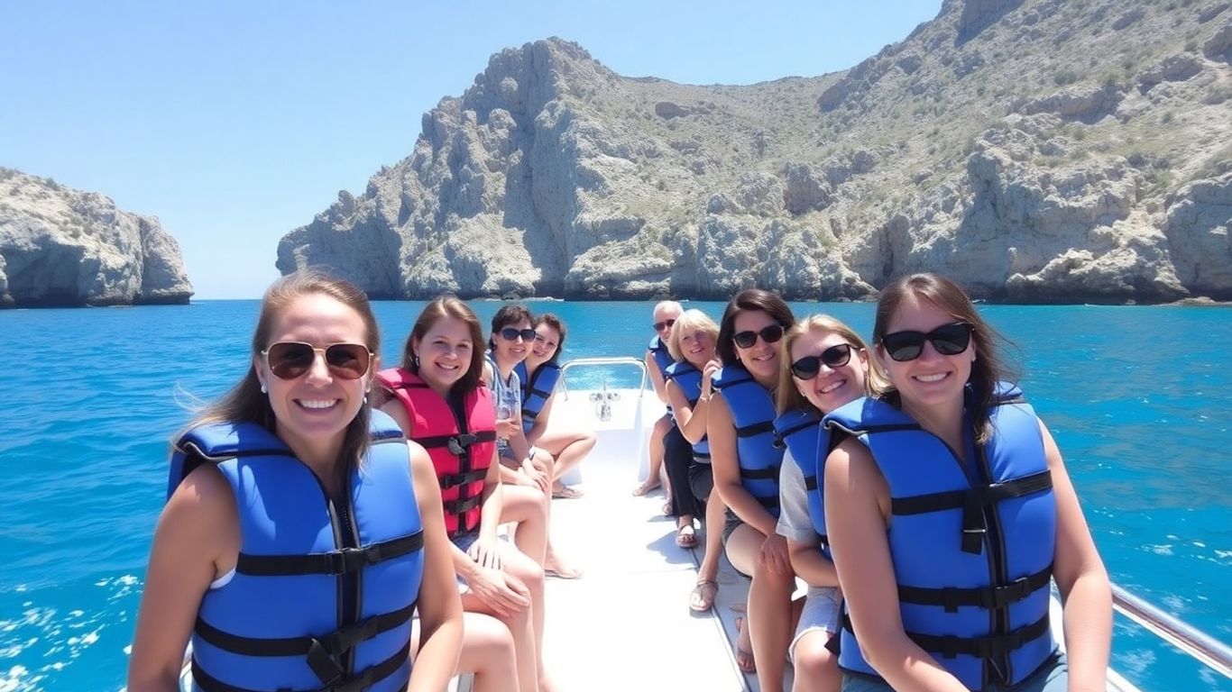 Tourists on a safe boat tour with coastal cliffs.