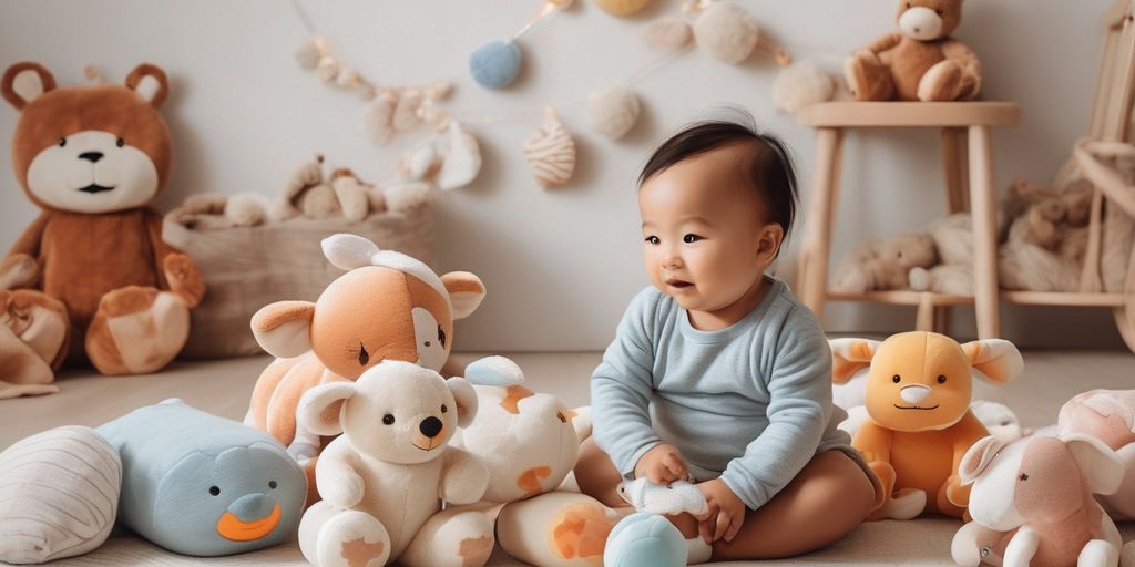adorable baby playing with soft toys from top brands in a cozy nursery