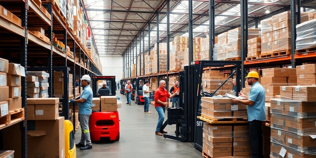 Workers managing inventory in a bustling warehouse setting.