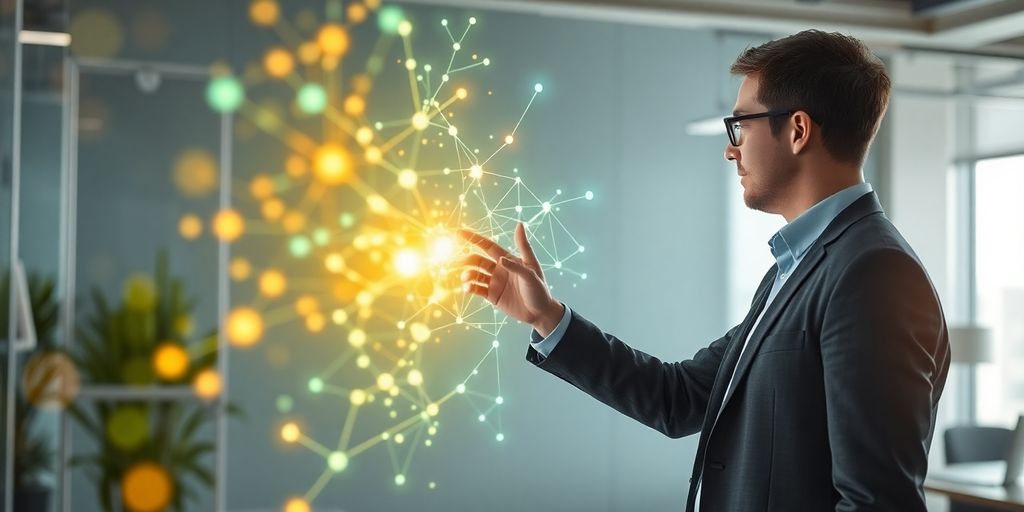 Person working with abstract glowing neural network.