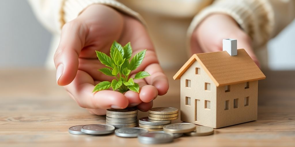Hands holding small plant, coins, and tiny house.