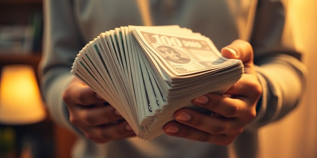 Person holding large stack of cash.