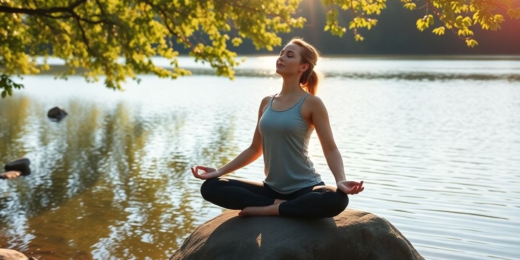 Woman meditating by a calm lakeside.