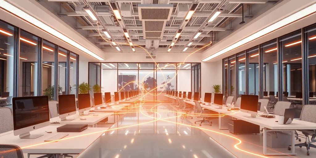 Modern office with connected technology elements.