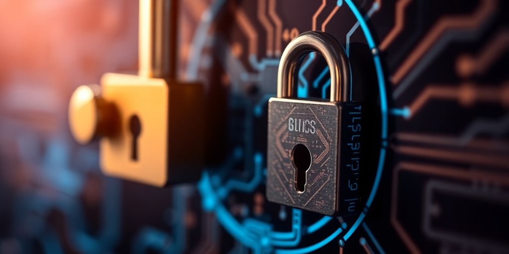 Secure lock with digital circuitry, symbolising identity management.