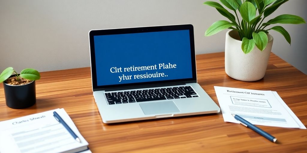 A serene workspace with a laptop and retirement materials.