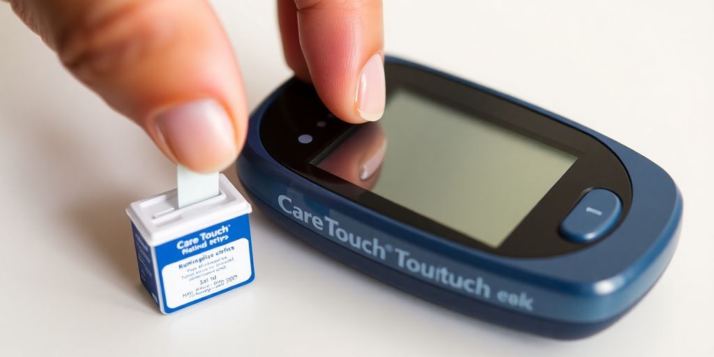 CareTouch test strips container and blood glucose meter.