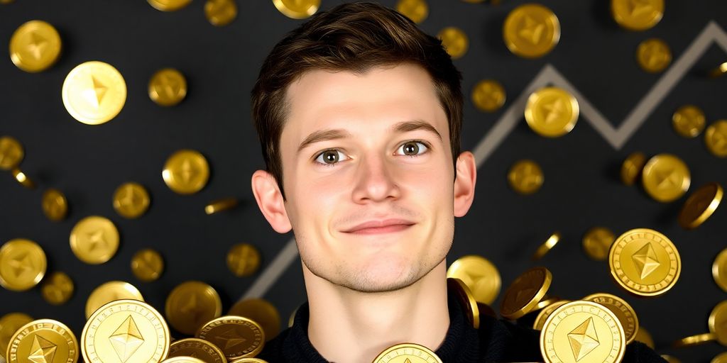 Vitalik Buterin smiles with Ether coins.