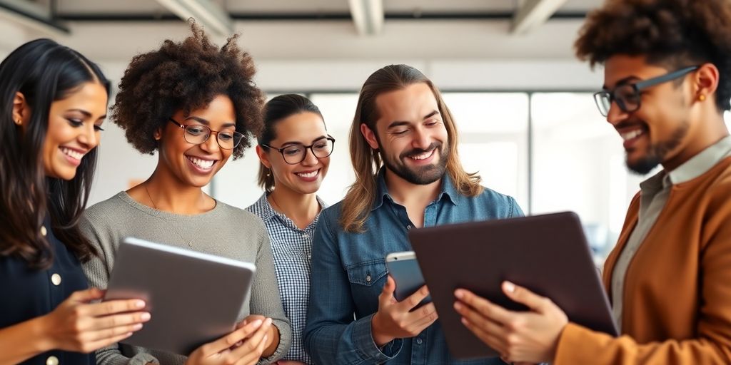 Diverse adults confidently managing investments on digital devices.