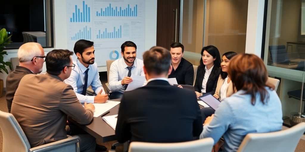 Diverse professionals in a modern office discussing investments.