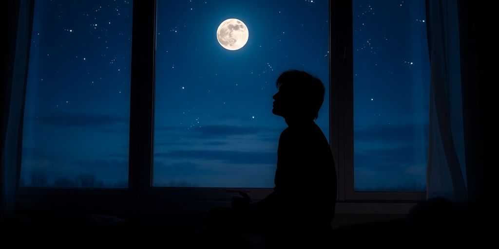 Silhouette by window, peaceful night and stars.