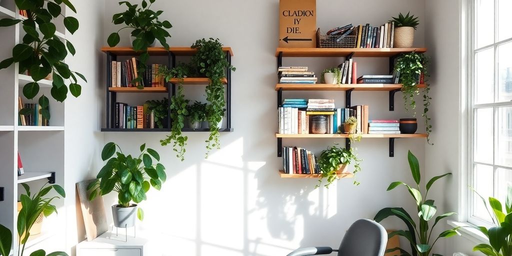 Cozy home office with vertical storage solutions and plants.