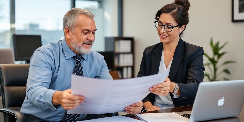 Lawyer consulting with client in a professional office setting.